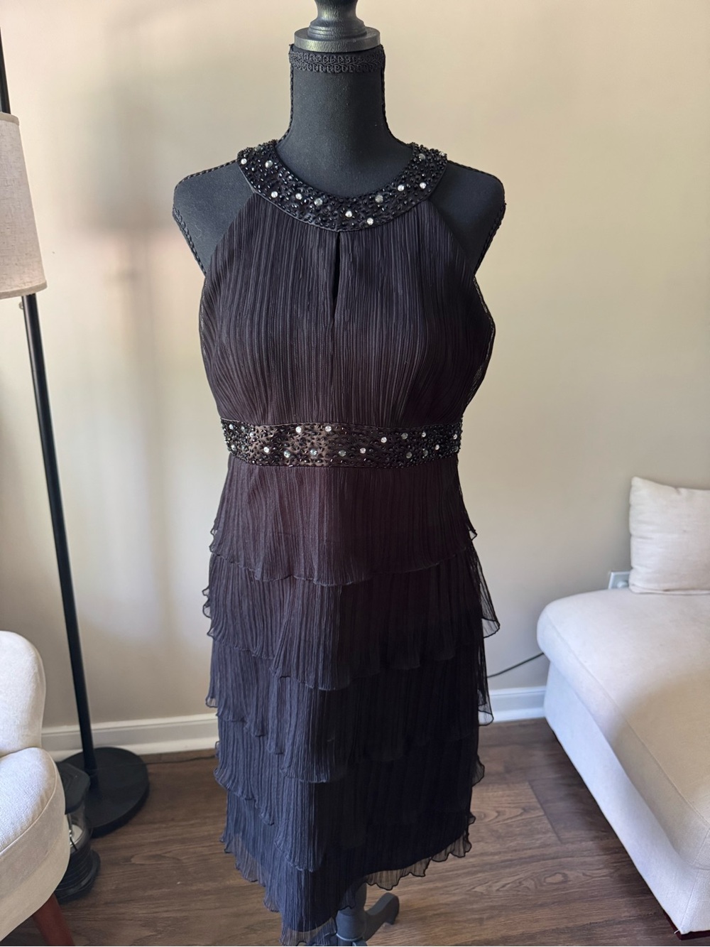 Jessica Howard Black Beaded Tiered Midi Dress